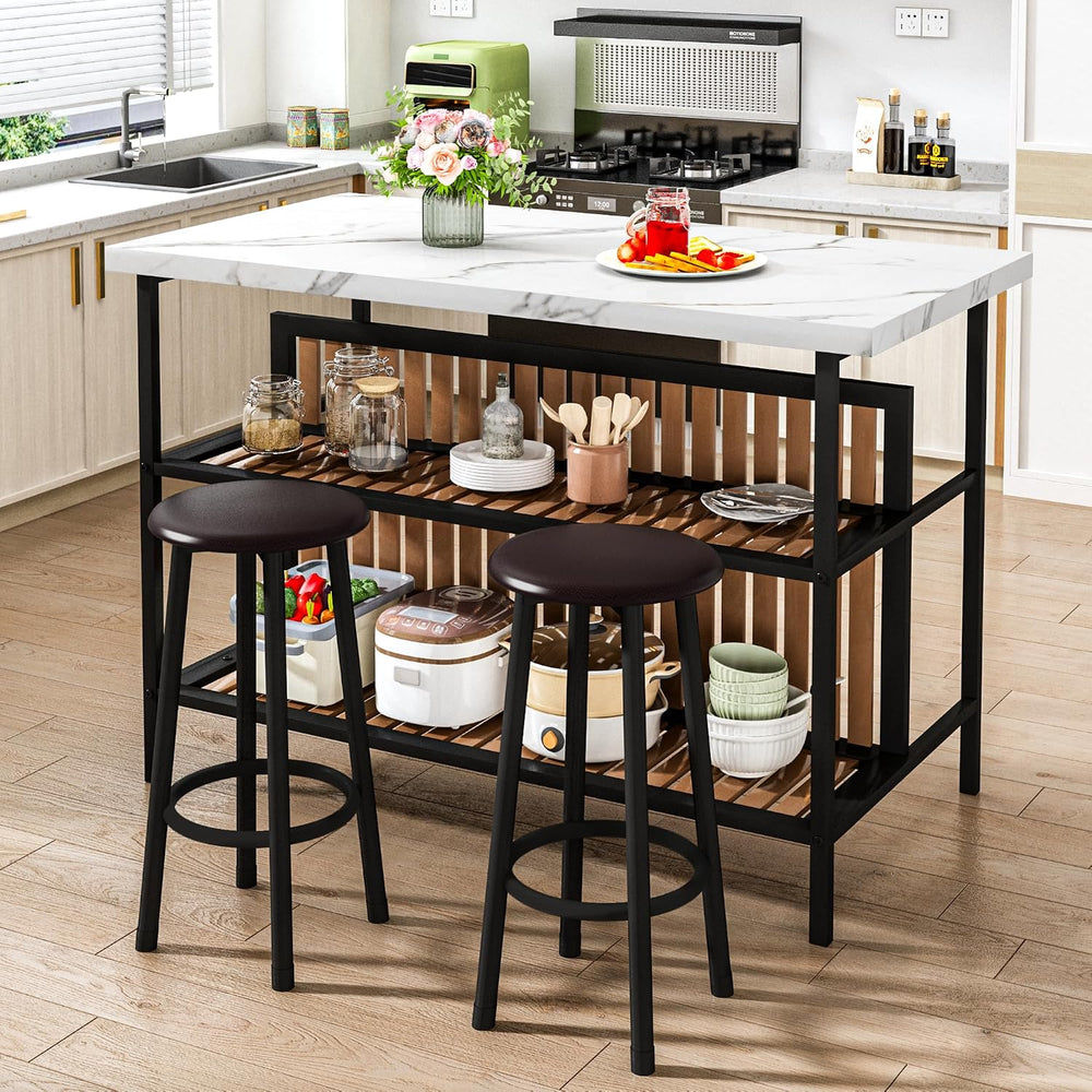 AWQM Kitchen Island with Seating & Storage, Bar Table and Chair Set, White