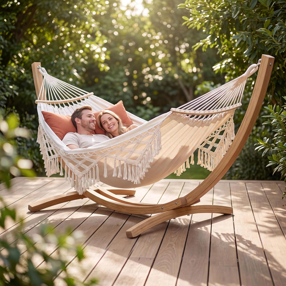 Bohemian Hammock Chair Swing with Crescent Wooden Bar (White)