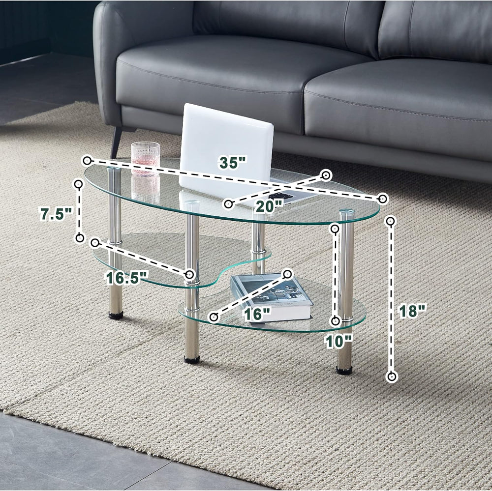 Oval-Shaped Glass Tea Table for Office, 3-Tier Modern Coffee Table, End Table...