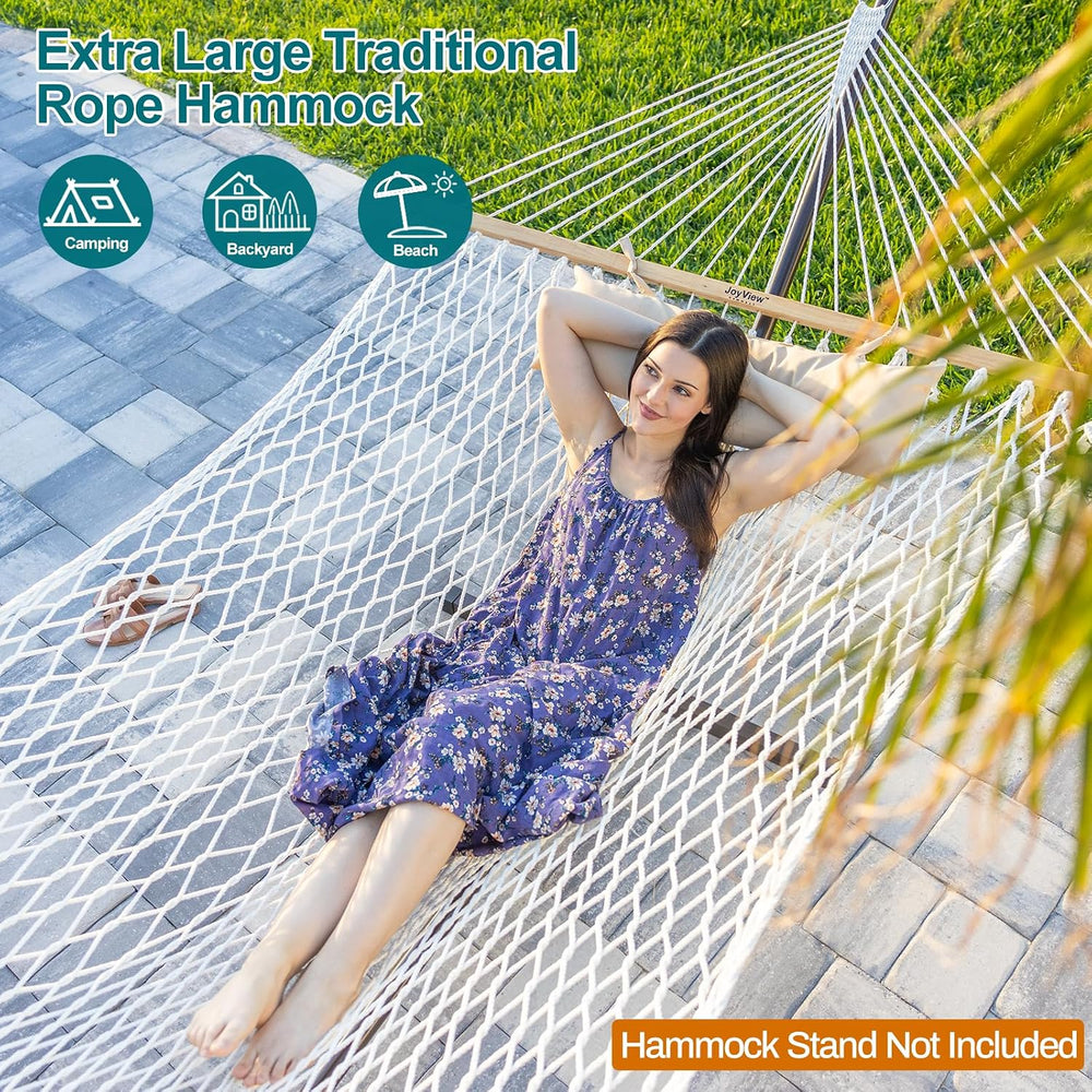 JoyView Outdoor Double Rope Hammock with Hardwood Spreader Bars and Pillow