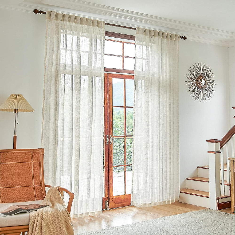 Natural Linen Beige Sheer Curtains 96 Inches Long for Living Room Farmhouse R...