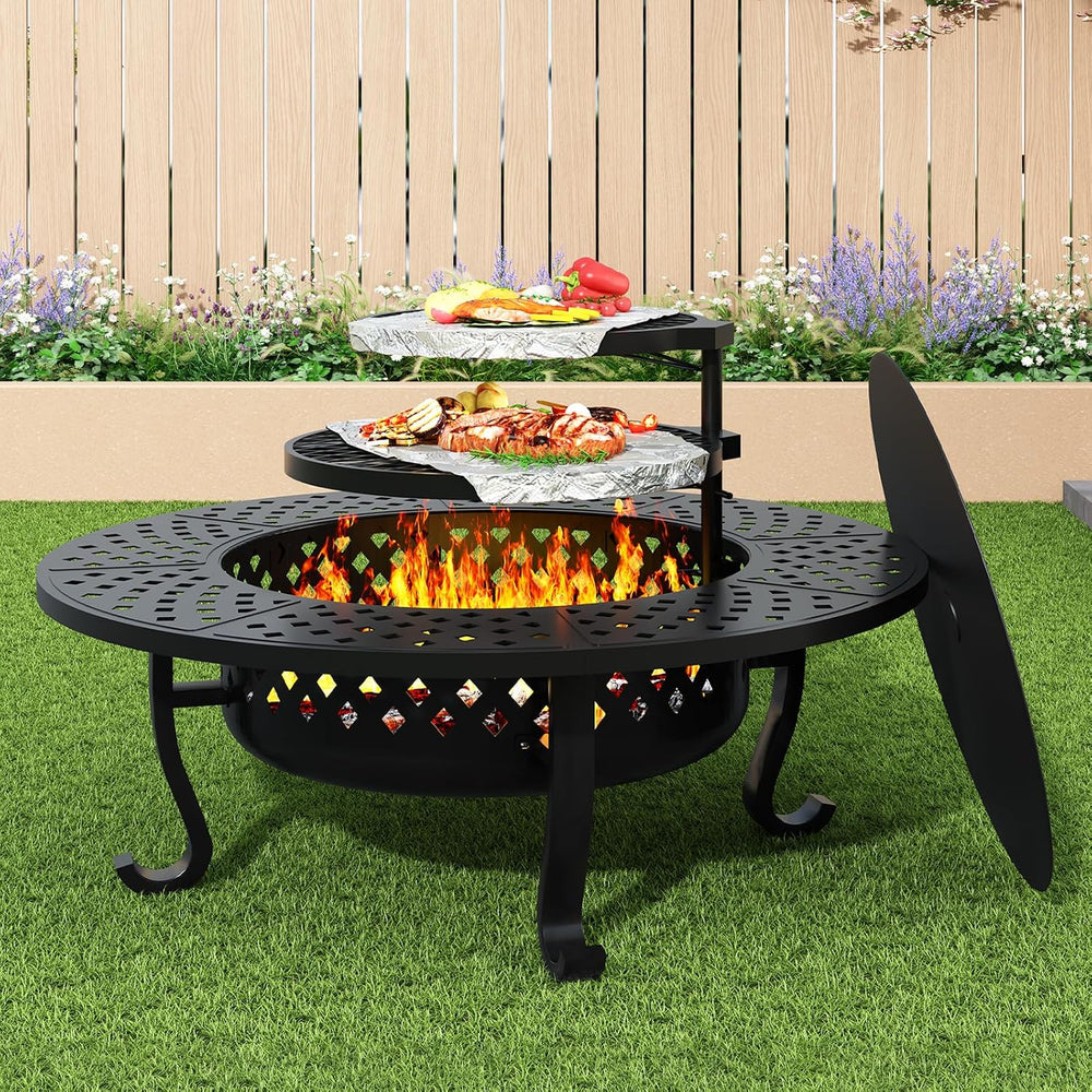 43 Inch Fire Pit with 2 Grill, Wood Burning Firepit with Lid
