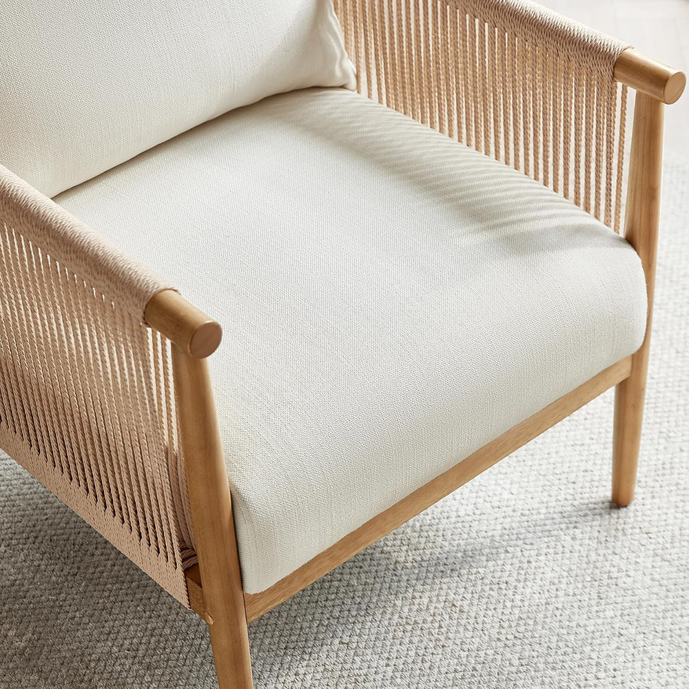 CHITA Braid Accent Chair Set of 2, Wood Frame and Paper-Cord Armrest, Cream
