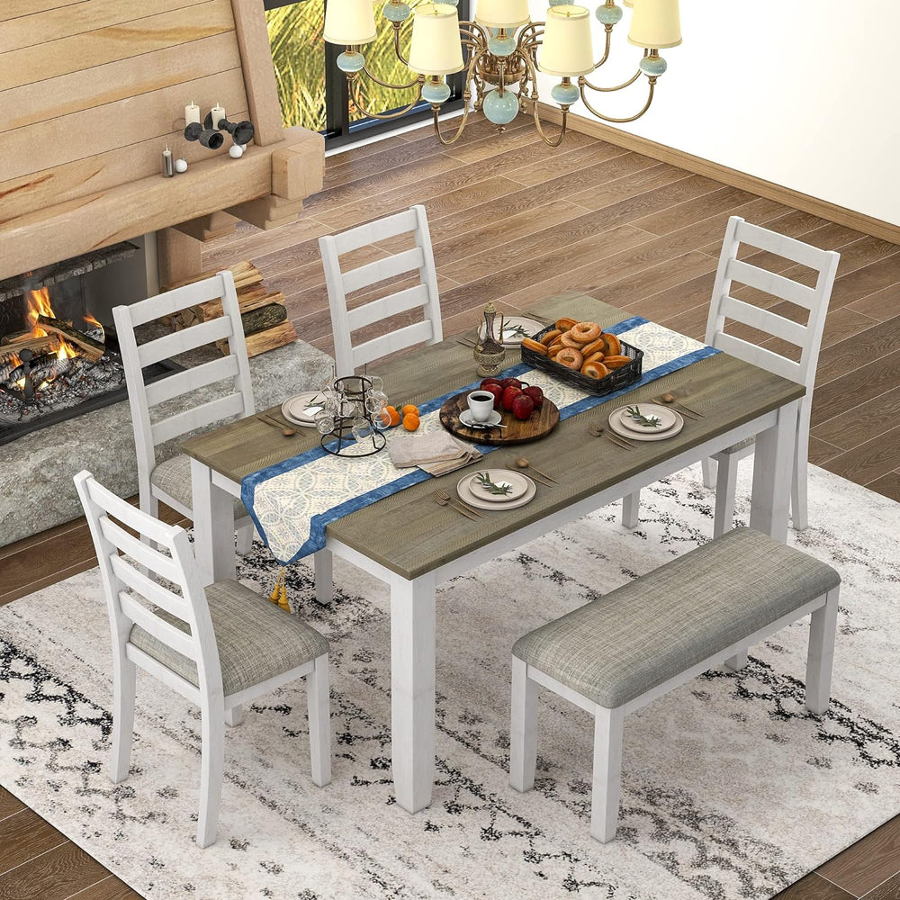 Merax Wooden Dining Table Set with Upholstered Chairs and Bench, 6-Piece Dini...