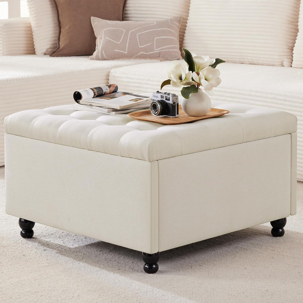28" Large Square Ottoman with Storage, Fabric Ottoman Coffee Table, Beige