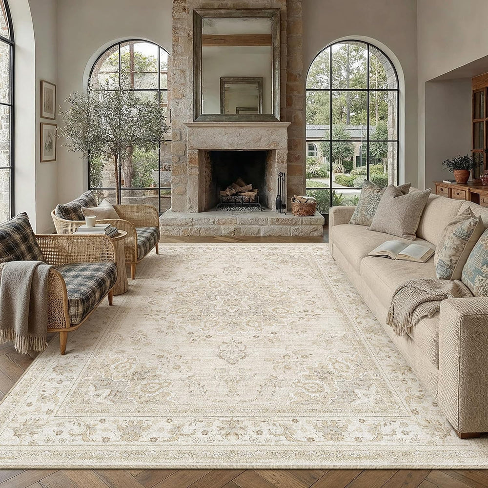 PureCozy 9x12 Neutral Area Rug Living Room Ivory Beige Vintage Medallion