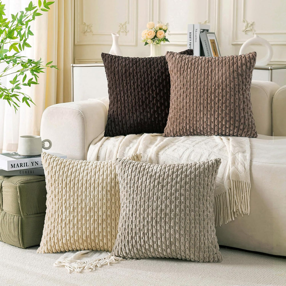 Set of 4 Beige Brown Coffee Decorative Throw Pillow Covers 22x22 Inch Corduro...