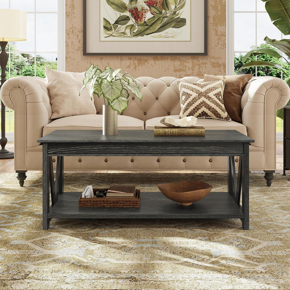 WLIVE Coffee Table, 43.3 Inch Farmhouse Table with Storage Shelf, Black