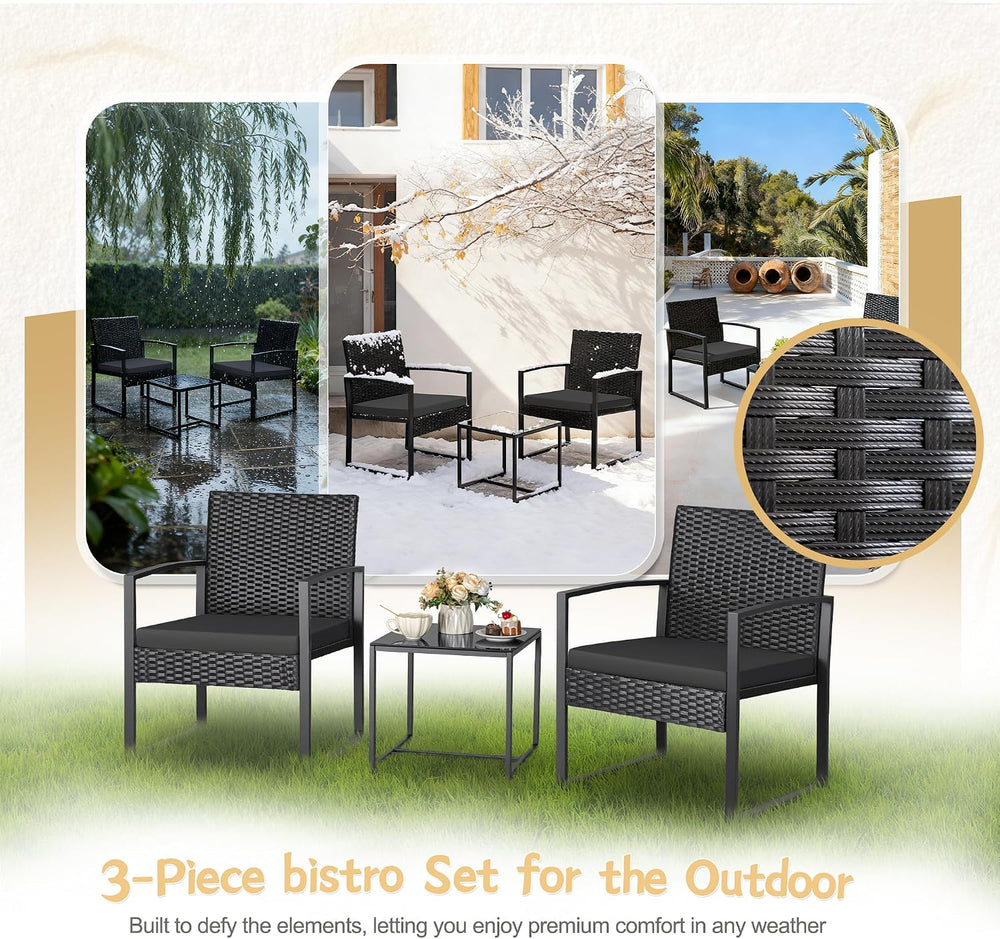 Greesum 3 Piece Wicker Conversation Bistro Sets Outdoor Patio Set(Black)