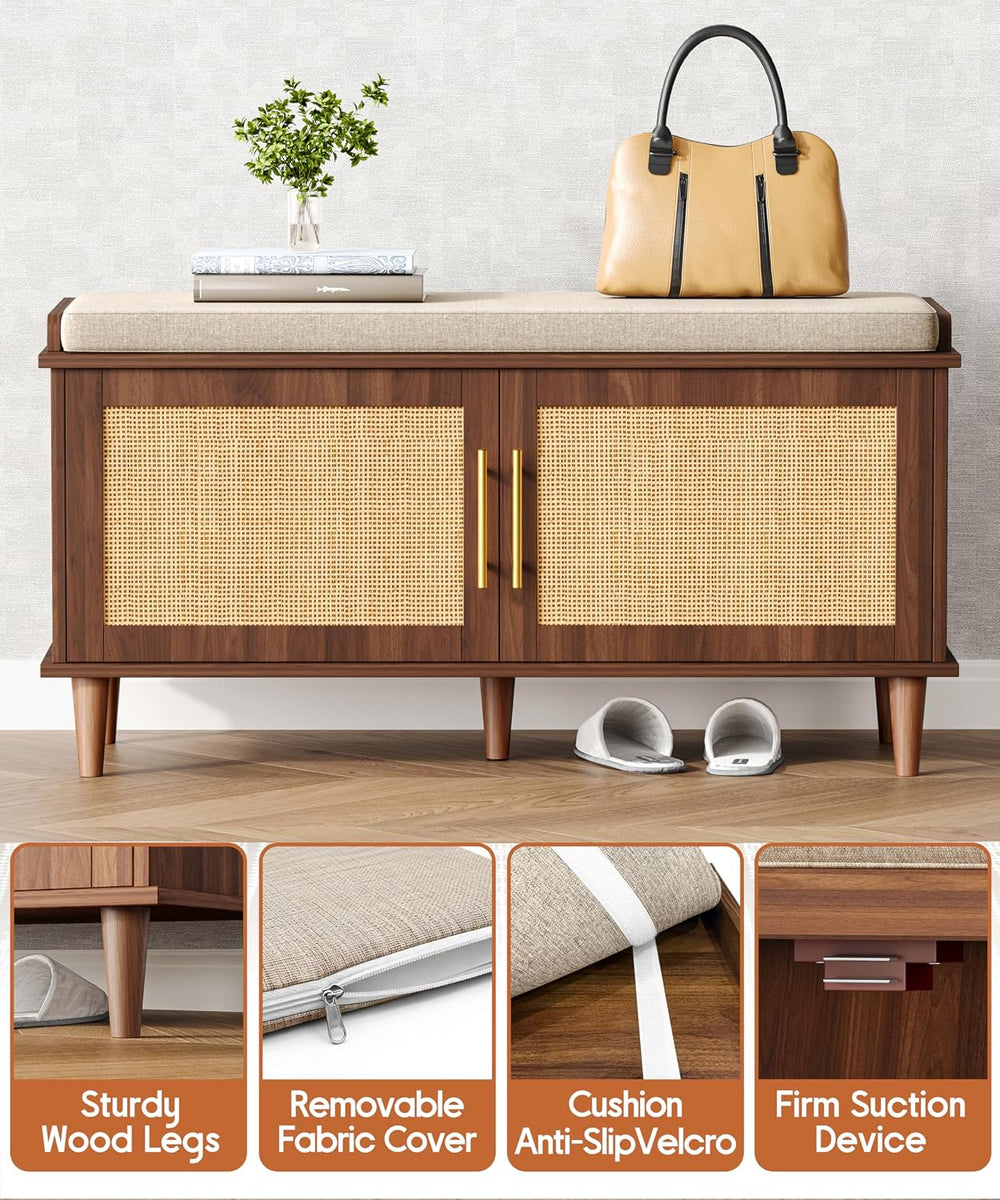 Akxomel 39.4" Rattan Shoe Storage Bench 2 Doors Entryway Bench Walnut