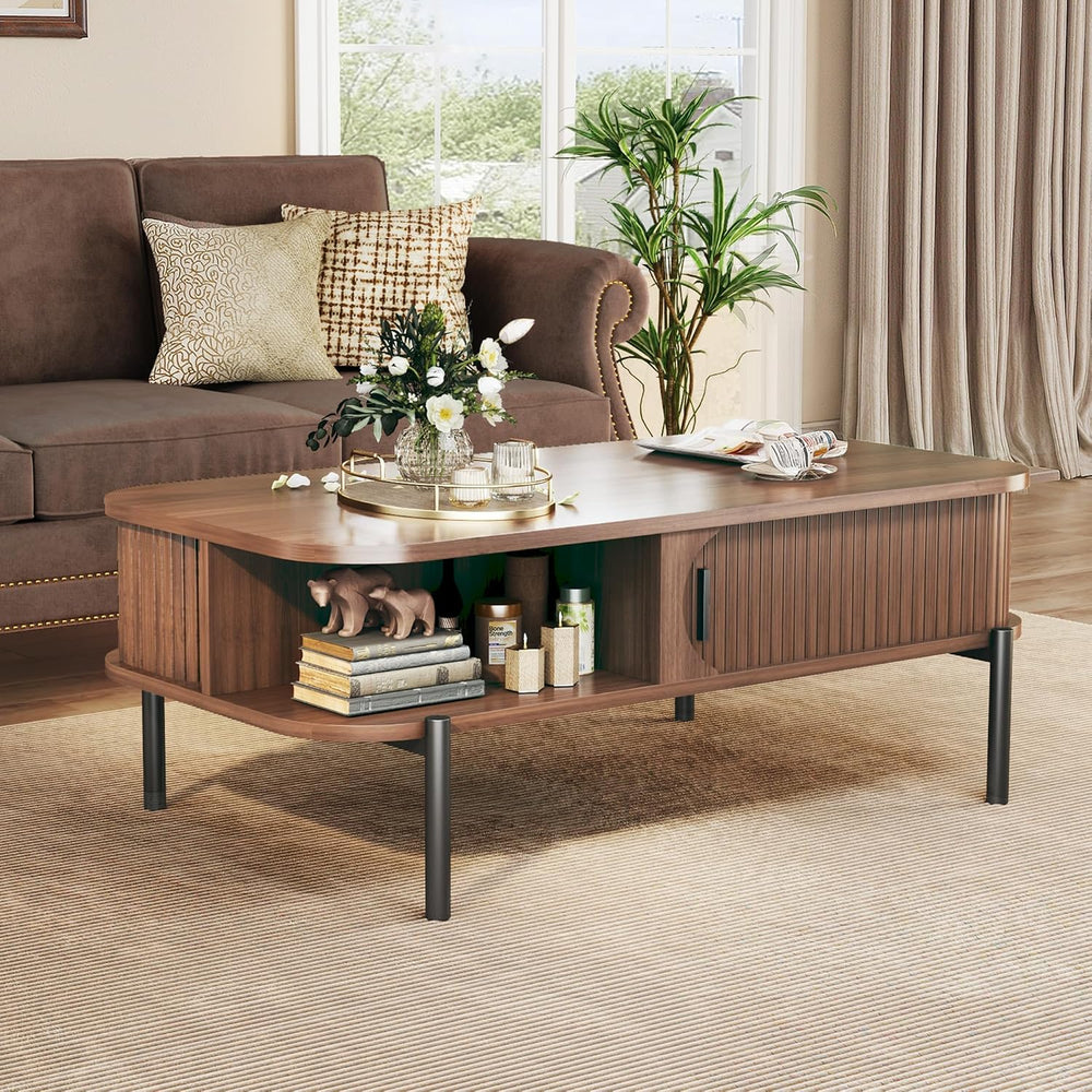 Coffee Table, 39.4" Fluted Coffee Table for Living Room, Mid Century Mod...