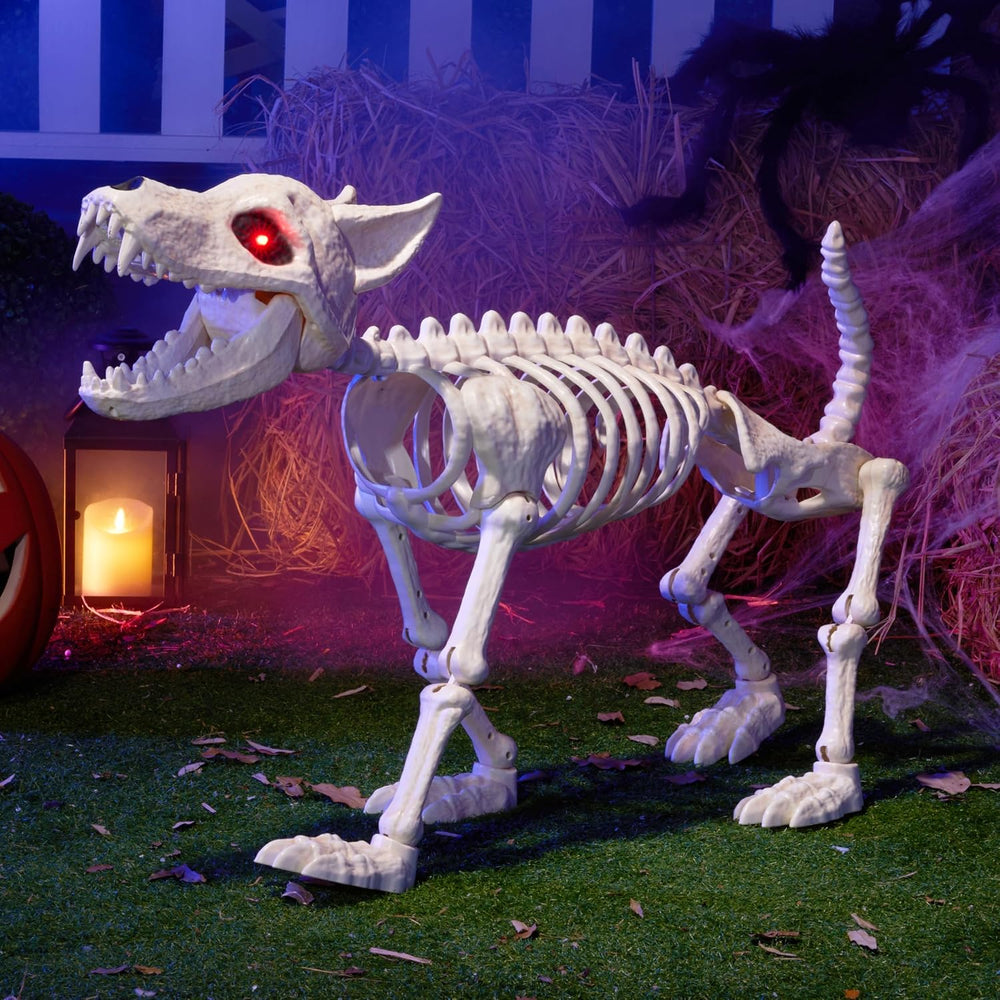 JOYIN Howling Wolf Skeletons Halloween Decorations 34” Skeleton Dog with Red ...