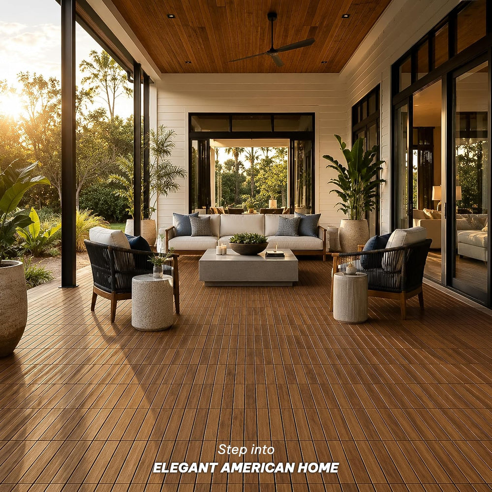 Acacia Interlocking Deck Tiles, 10 PCS Wood Flooring, 6 Slats, Honey Oak