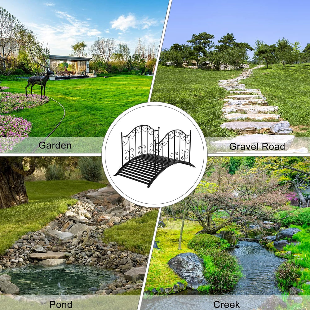 VINGLI Garden Bridge Metal Yard Arch Path Bridge with Patterned Guardrails, O...