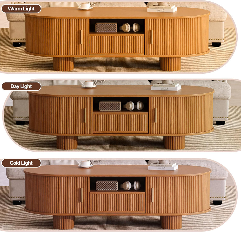 55.1" Oval Coffee Tables with Storage,Fluted Mid Century Modern Center T...