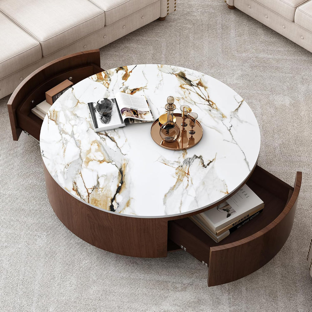 35” Round Coffee Table with Hidden Storage Drawers, Mid Century Modern Center...
