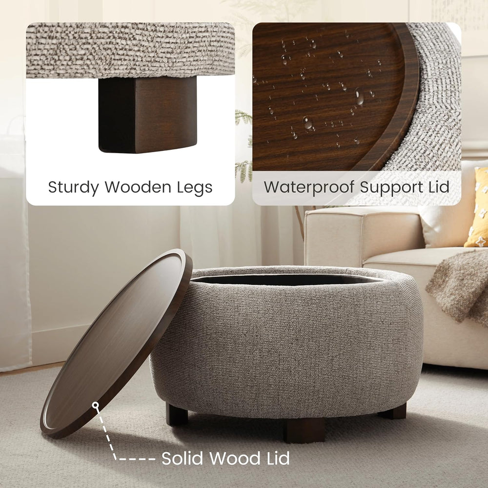 VKNOW 30 Inch Fabric Round Storage Ottoman with Wood Lift-Off Lid, Brown