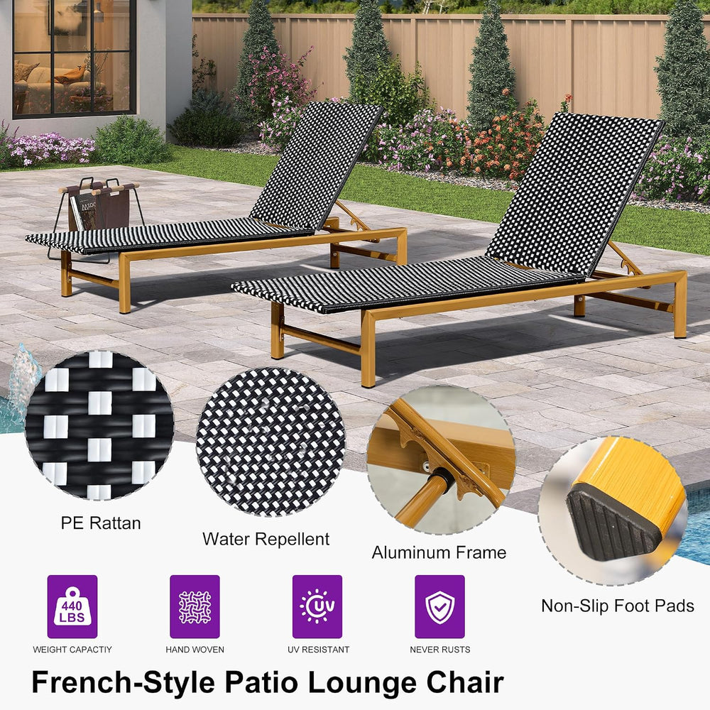 PURPLE LEAF 2 Piece French Patio Chaise Lounge Rattan Teak Frame, Black
