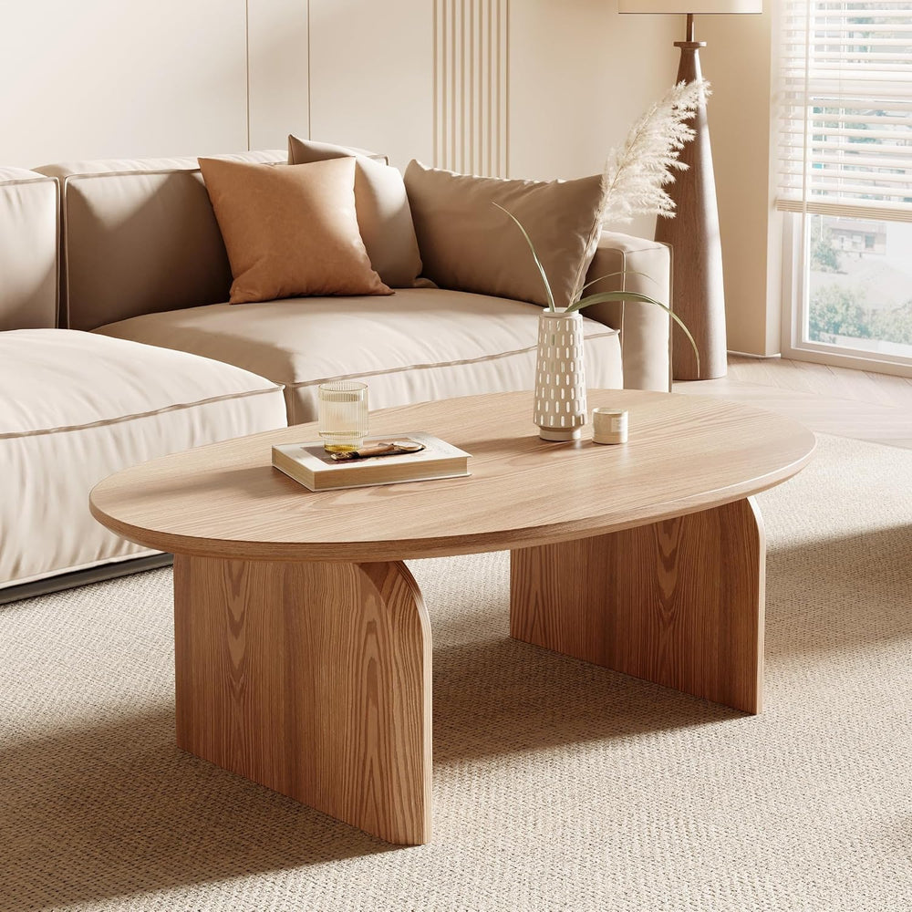 Honyee Modern Oval Coffee Table, Small Coffee Tables for Living Room - Oak Wo...