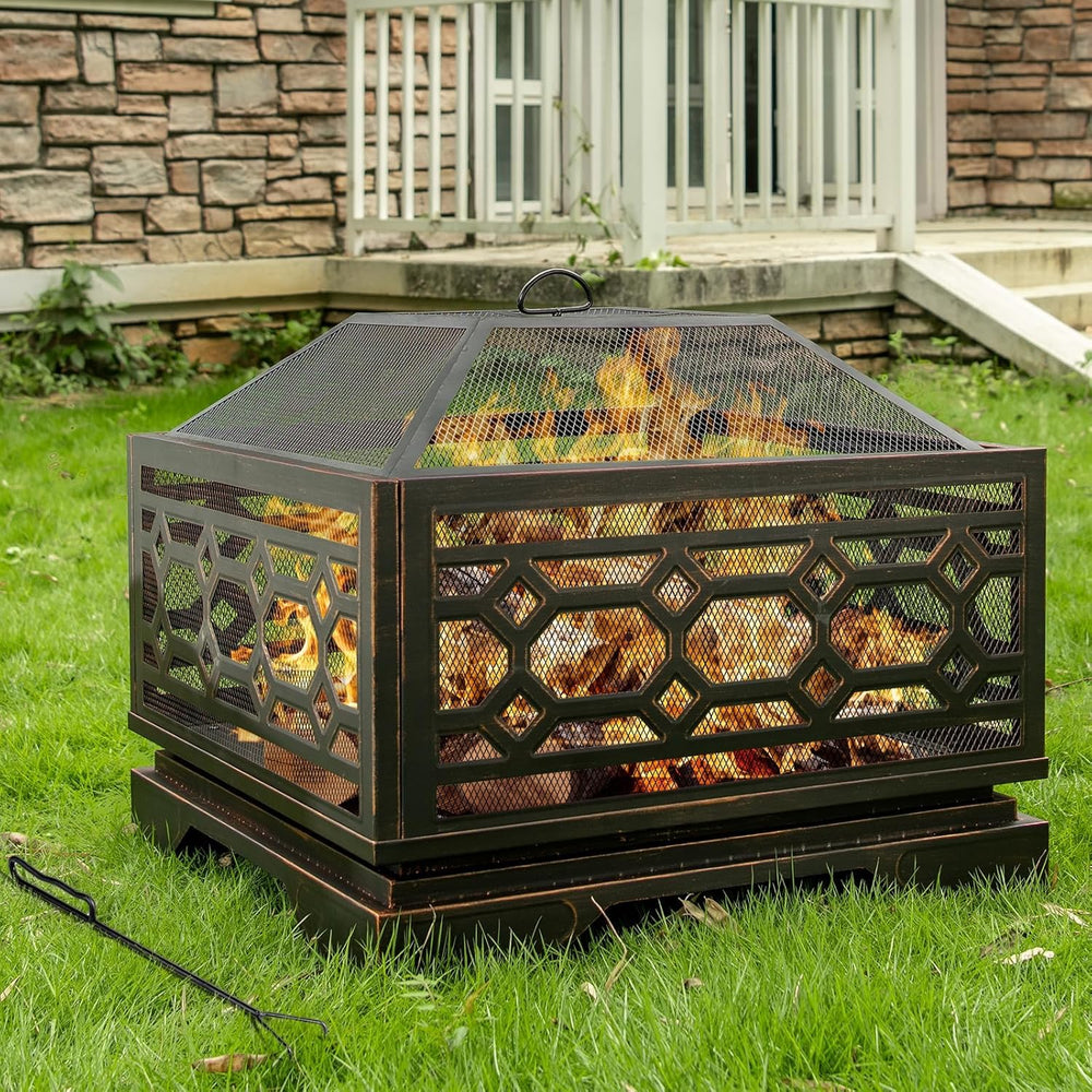 26 Inch Outdoor Fire Pit, Wood Burning Outside Fireplace with Mesh Cover
