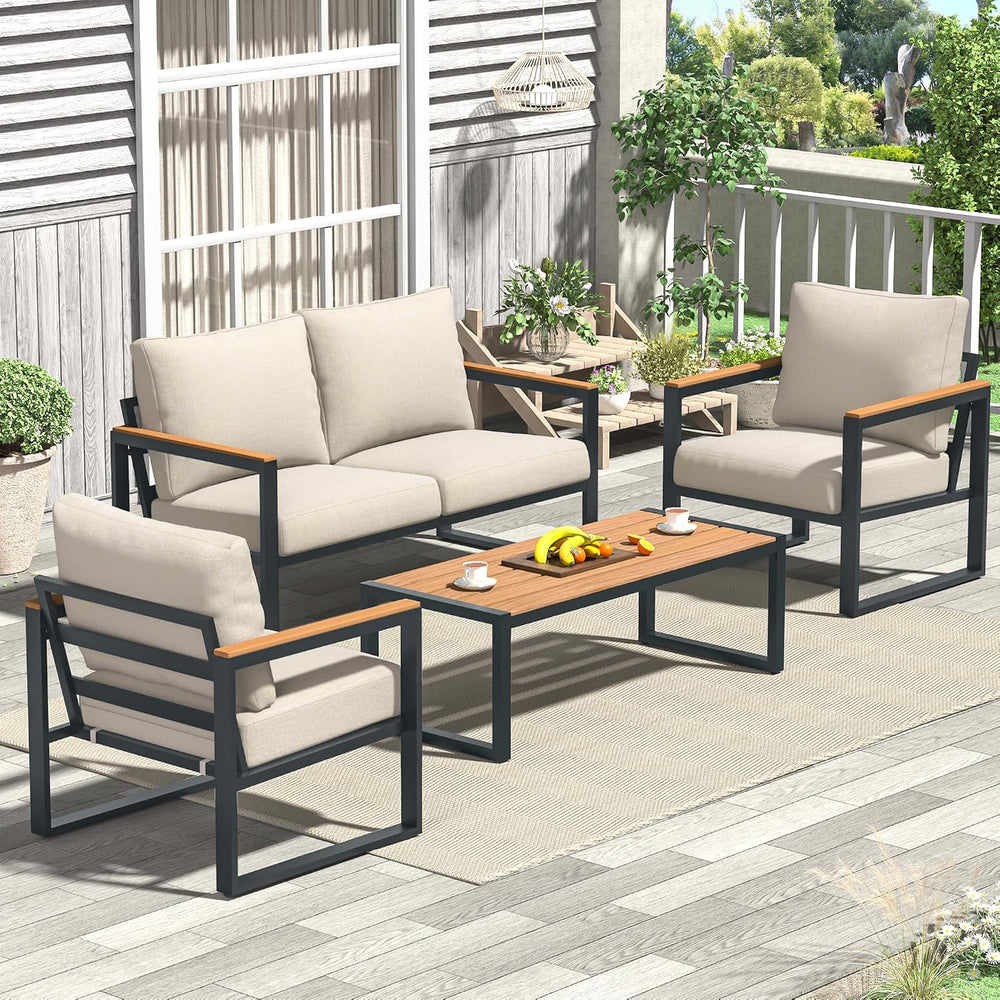 4 Pieces Metal Patio Furniture Set for Outdoor Balcony, Beige