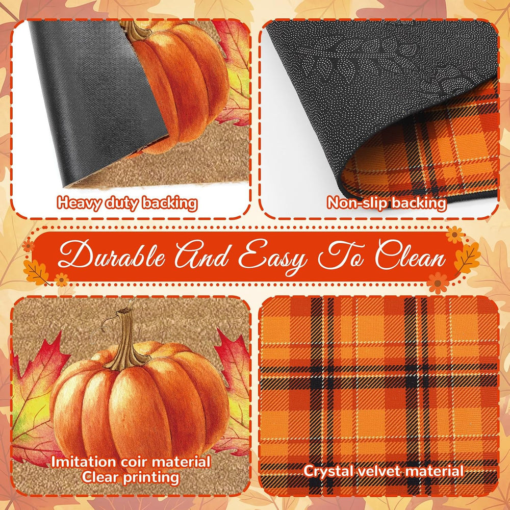 Fourluoo 2 Pcs Fall Door Mat Set Buffalo Plaid Pumpkin Decor