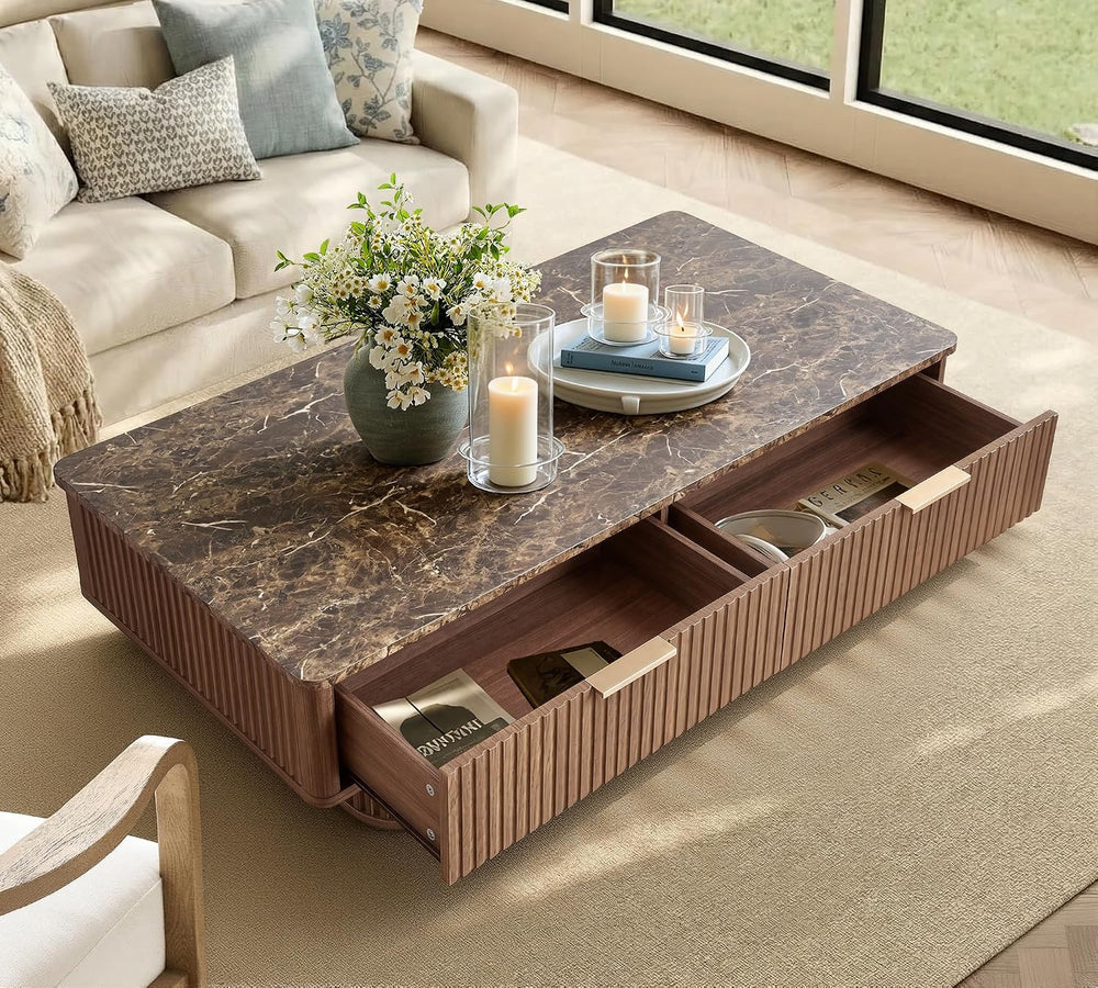 win2win Rectangle Coffee Table with Storage, Faux Marble Top, Walnut