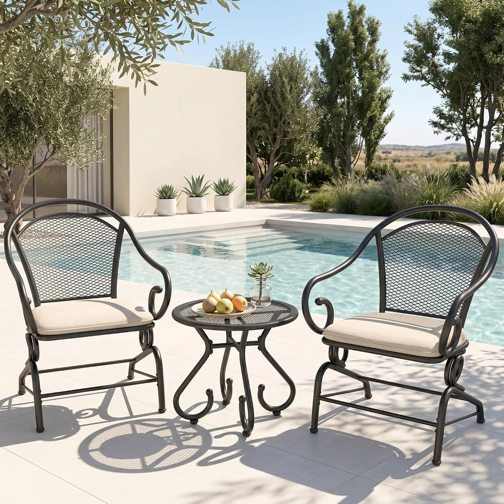 PHI VILLA 3pc Metal Mesh Outdoor Bistro Set, Rocking Chairs & Coffee Table