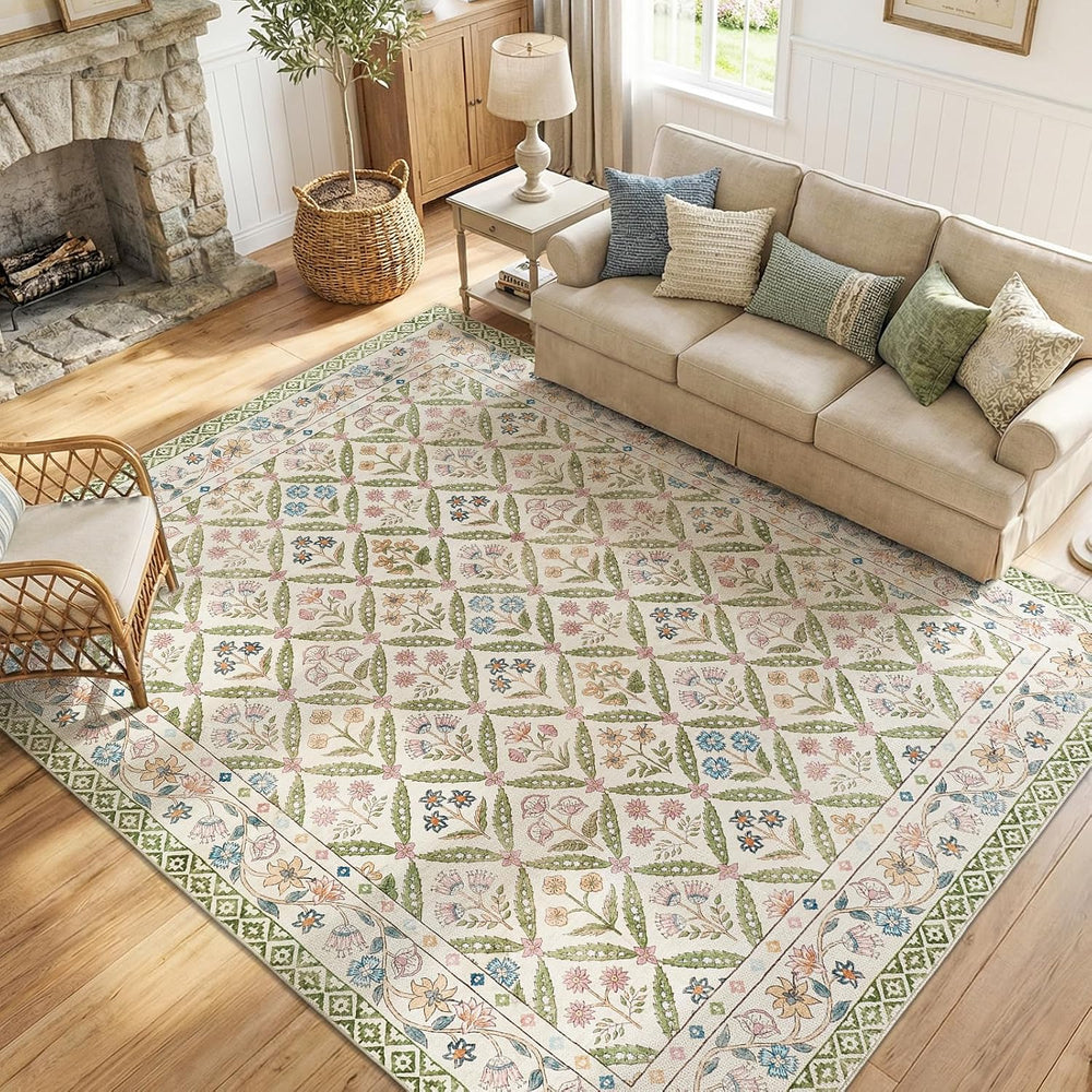 jinchan 8x10 Vintage Floral Washable Large Living Room Area Rug, Sage Green