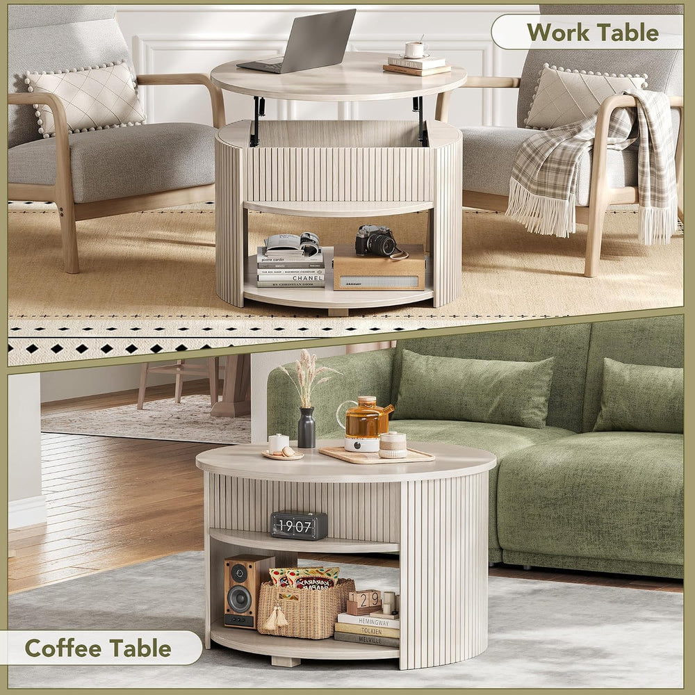 Round Lift Top Coffee Table with Storage, Fluted Mid-Century Modern Coffee Ta...