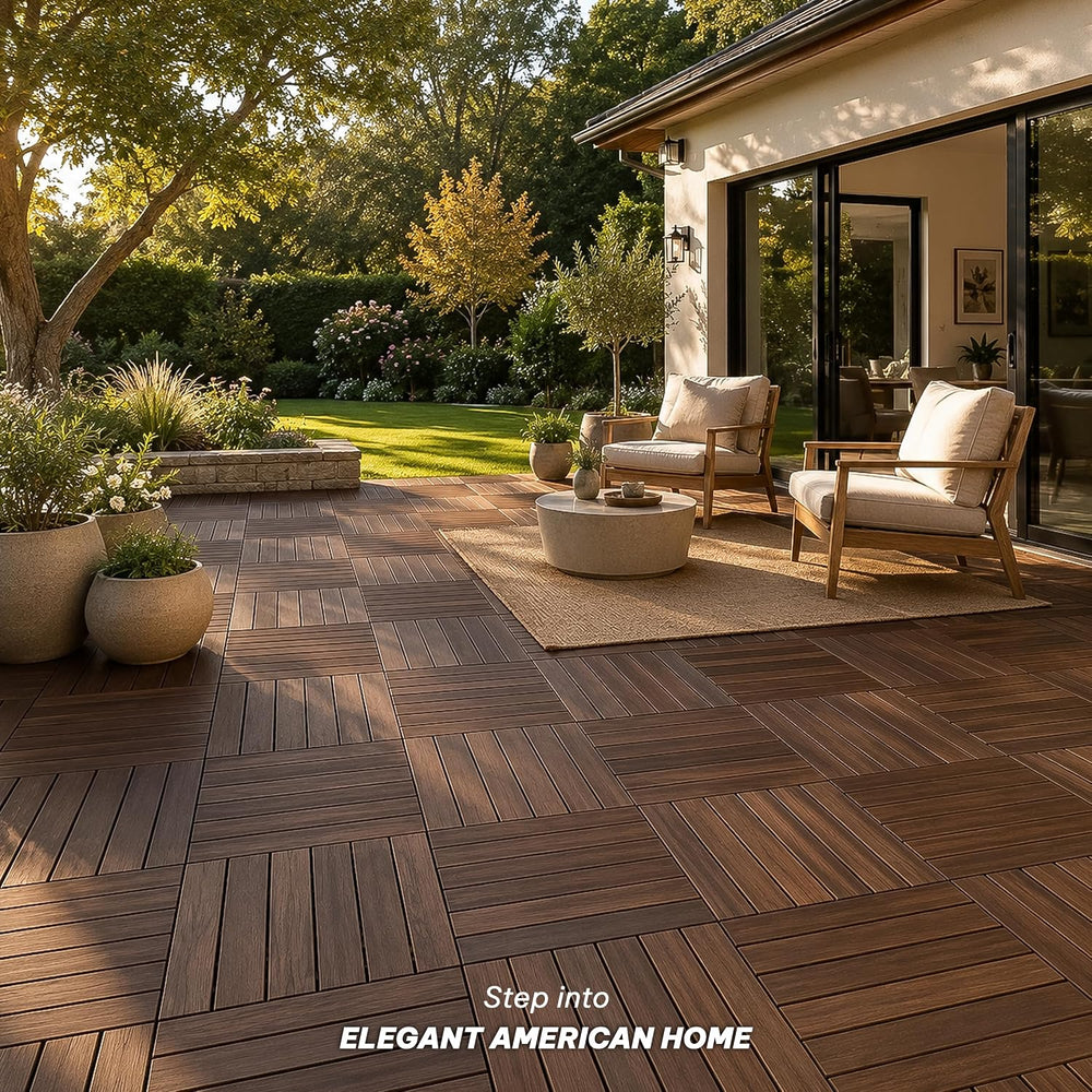 Acacia Interlocking Deck Tiles, 9 PCS Wood Flooring, 6 Slats, Walnut