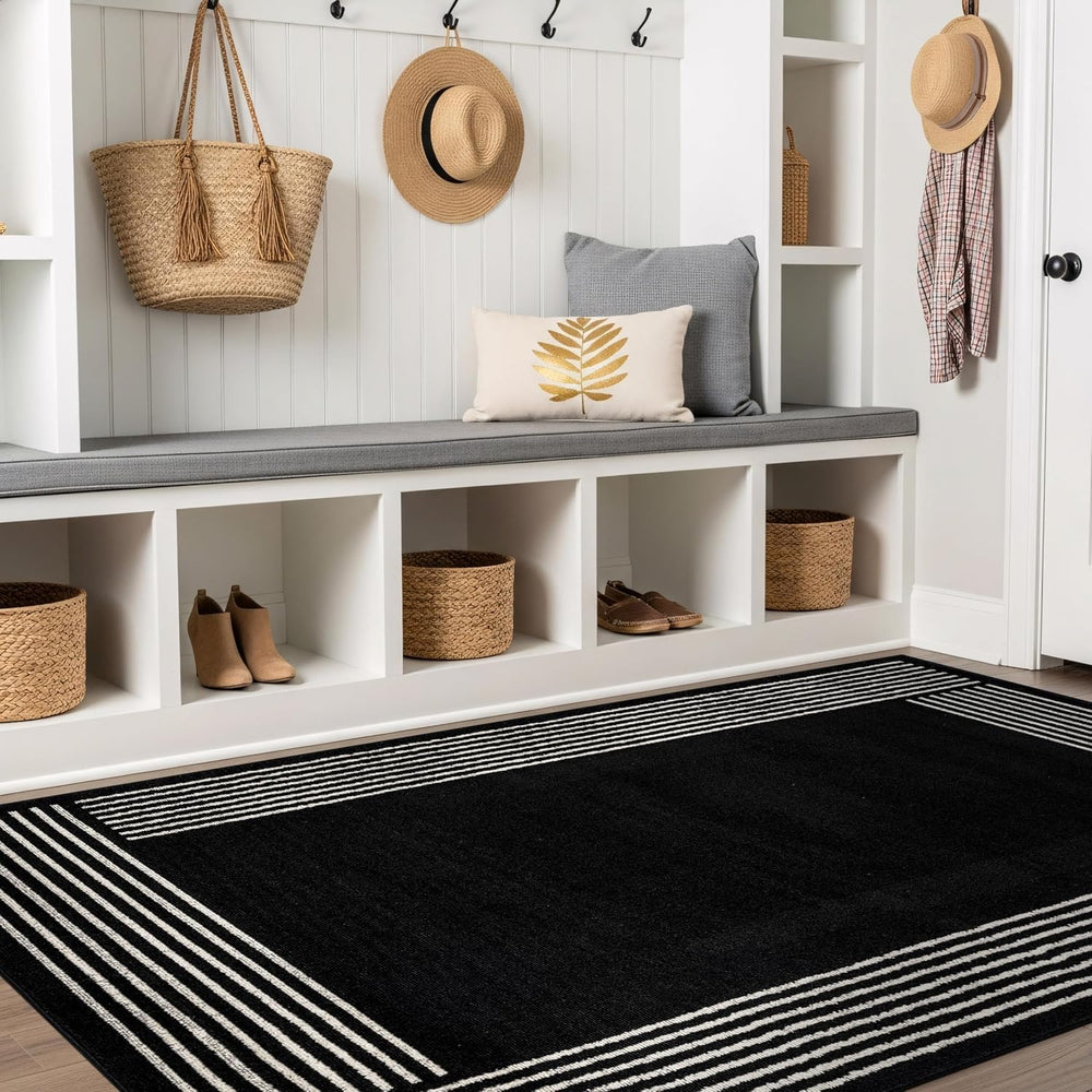 Rugshop Modern Bordered Minimal Area Rug for Living Room Black 4' x 6'
