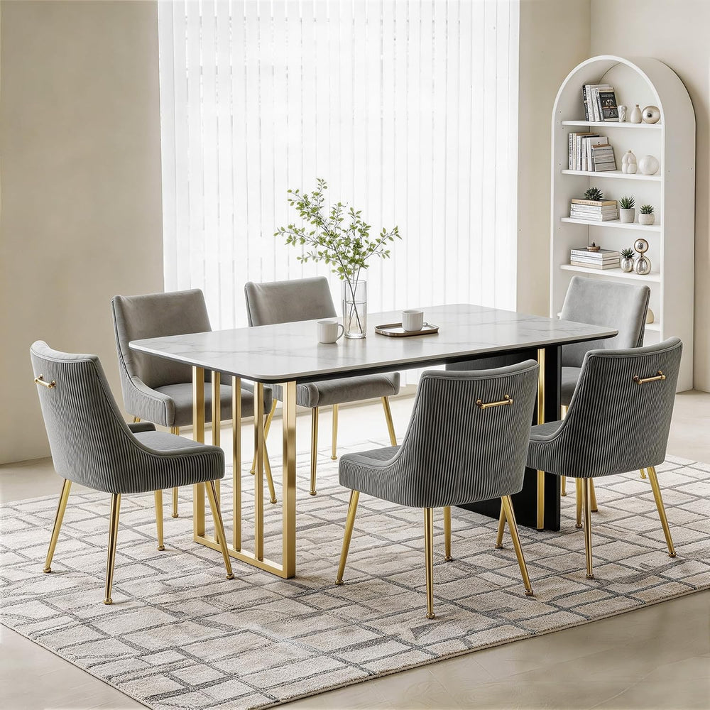 Upholstered Modern Grey Velvet Dining Chairs Set of 6 with Gold Metal Legs