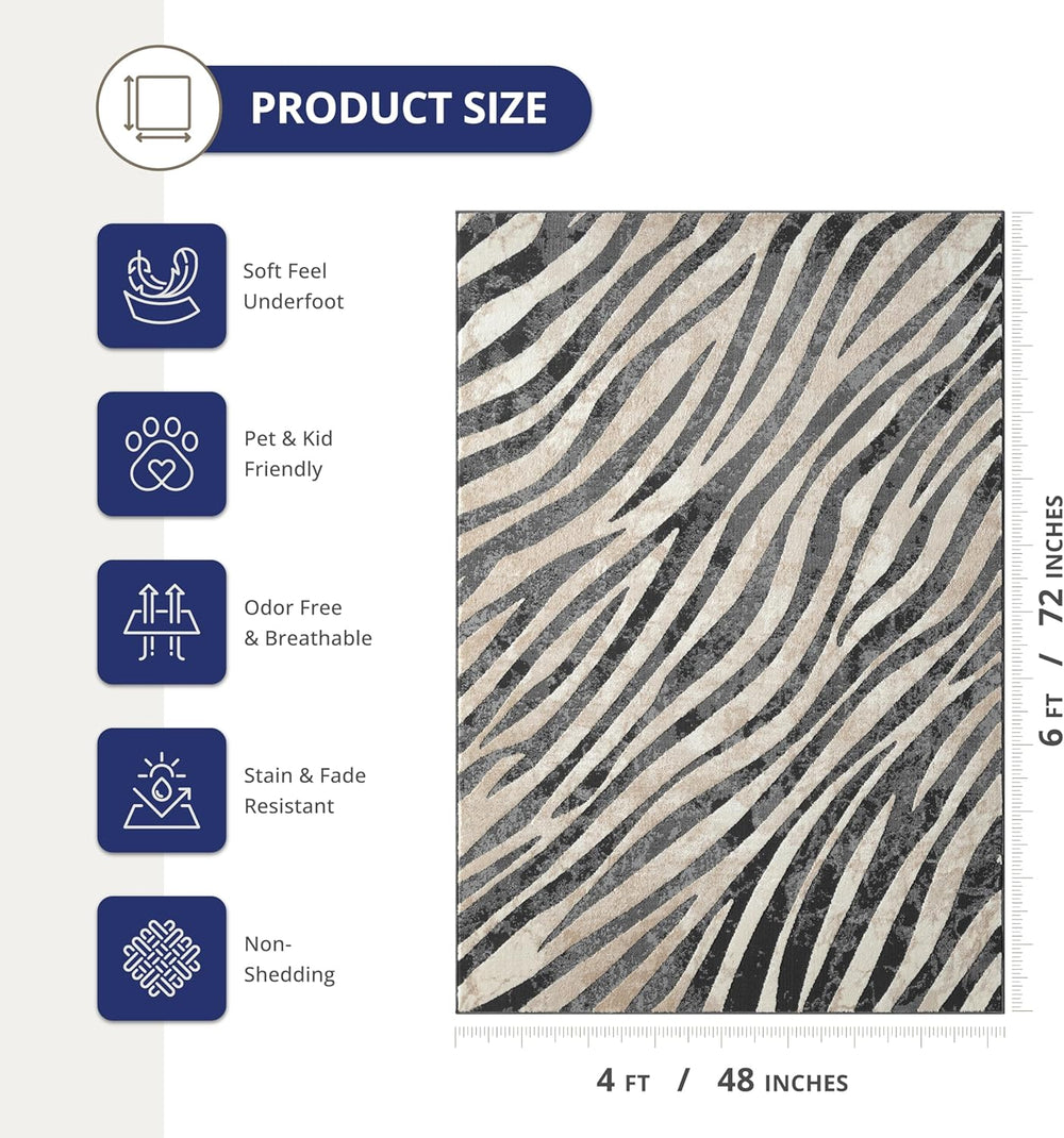 Abani Terra Area Rug for Living Room, Bedroom - Zebra Pattern - Black Cream -...