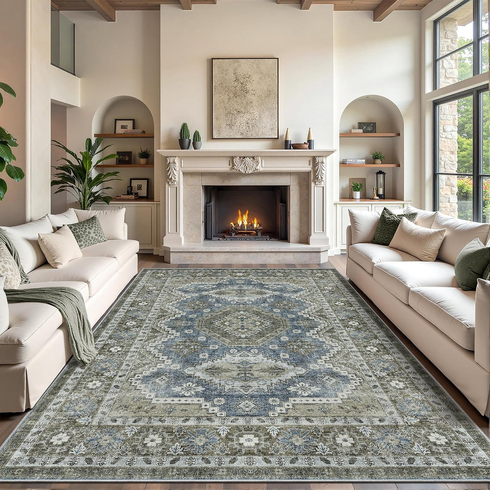 Rugland 8x10 Area Rugs for Living Room, Vintage Washable Area Rug, Green
