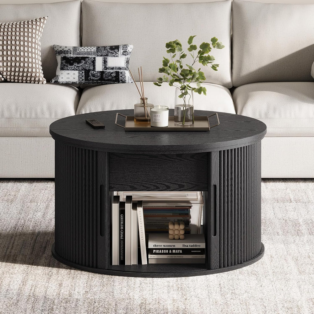 LINSY Lift Top Coffee Table, Round Fluted Coffee Table with Storage, Mid Cent...