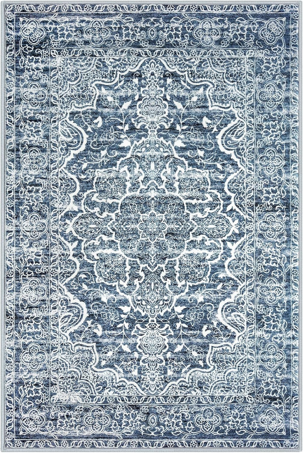 KUTA Floral Area Rug 4x6 Living Room Washable Rugs Vintage Blue White
