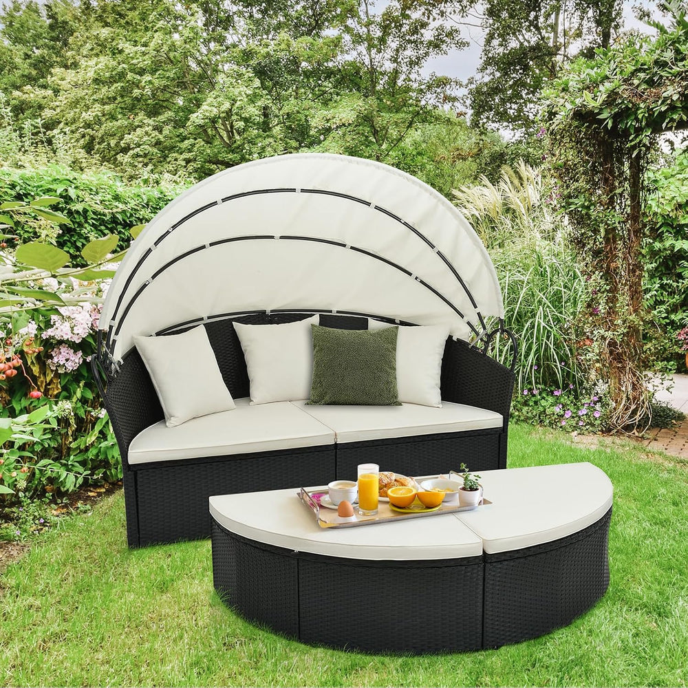 LIFEZEAL Rattan Sun Island with Sun Canopy, Garden Lounger Sun Lounger with C...