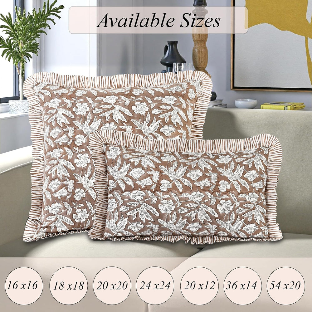 Ridhi Oak Brown Floral Block Print Throw Pillow Covers 16 x 16 Inch (Set of 2)