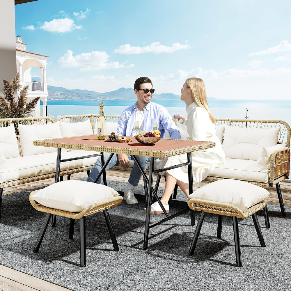 YITAHOME L-Shaped Rattan Patio Furniture Set Light Brown Beige