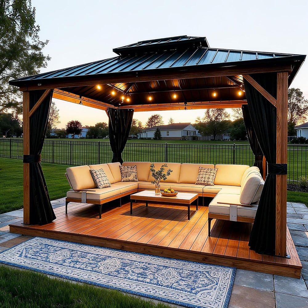 PURPLE LEAF Gazebo 10' x 12' with Light, Curtain and Netting, Wood Grain