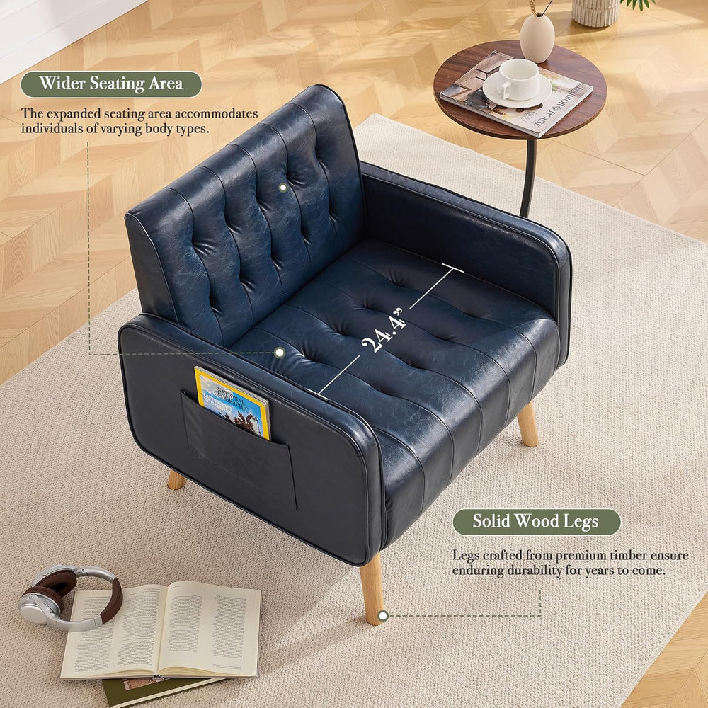 Leather Accent Chair Set of 2, Living Room Chair with Wooden Legs (Blue)