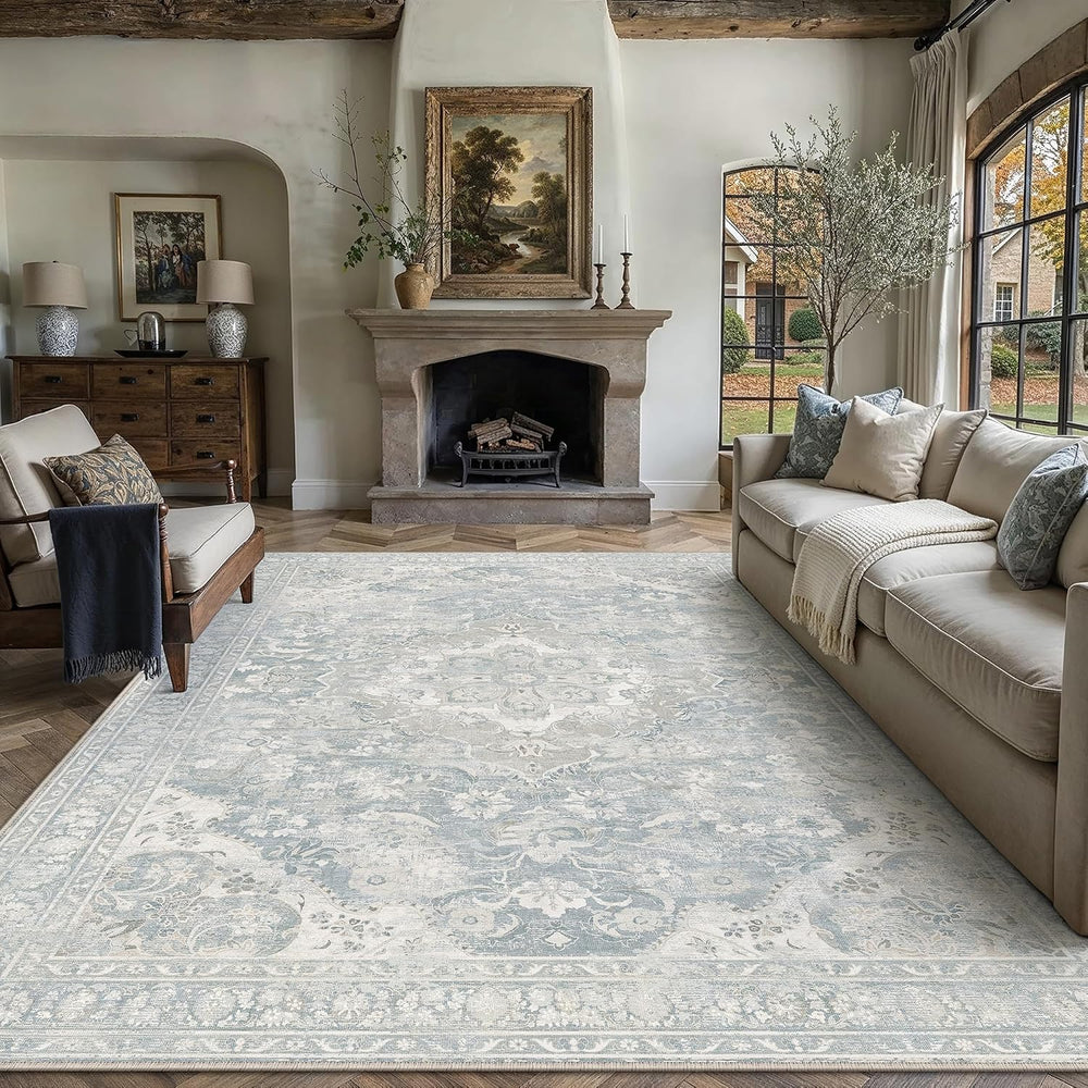 PureCozy Blue Area Rug 8x10 Living Room Vintage Floral Non-Slip Carpet