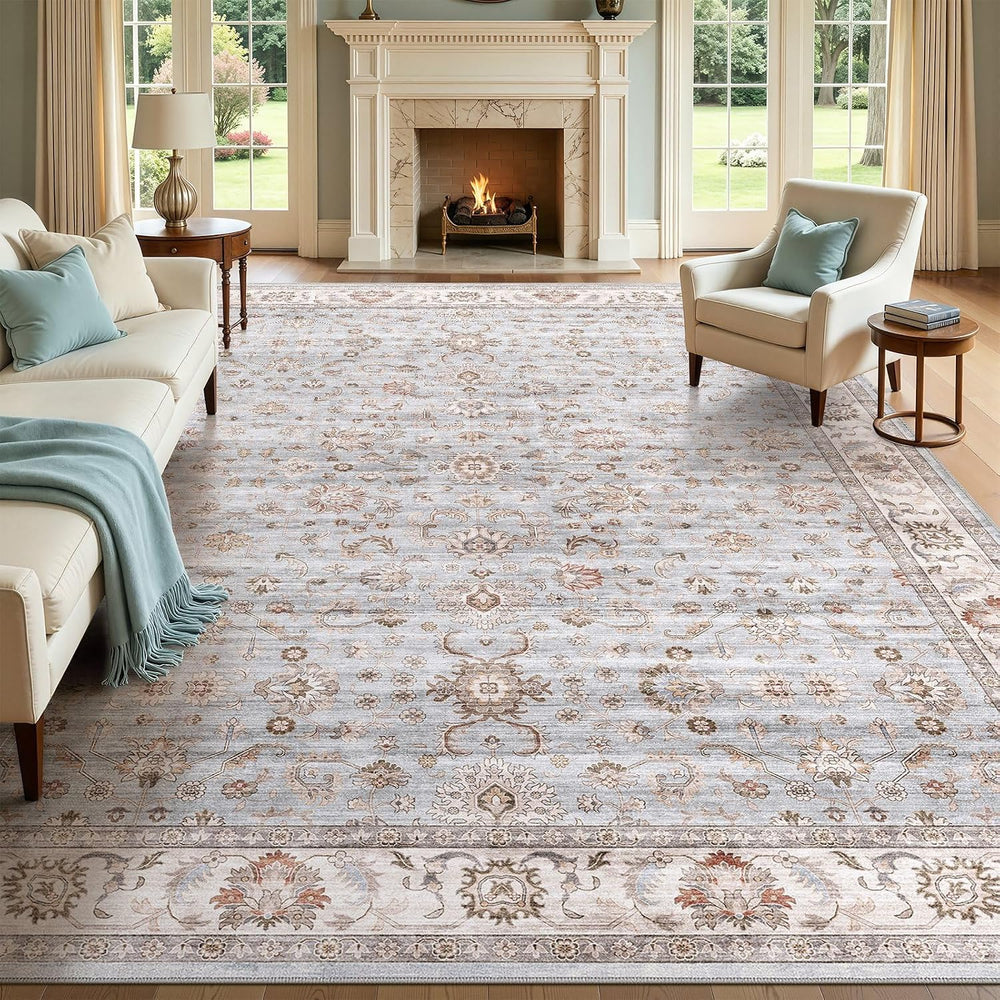 WITSHOCK Washable Area Rug 12x15 Non-Slip Floral Carpet, Gray/Light Blue