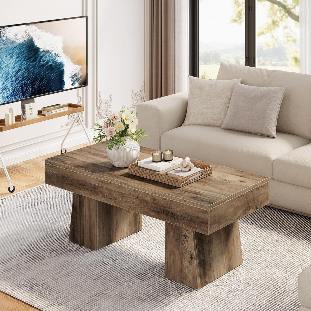 LITTLE TREE Farmhouse Coffee Table, 47 Inches Wooden Rectangular Accent Cente...