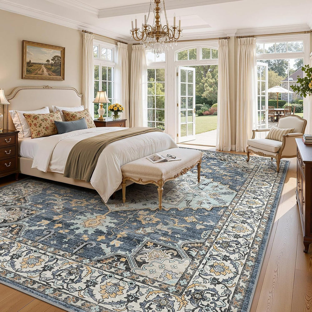 12x15 Area Rugs for Living Room: Washable Neutral Blue Yellow Rug