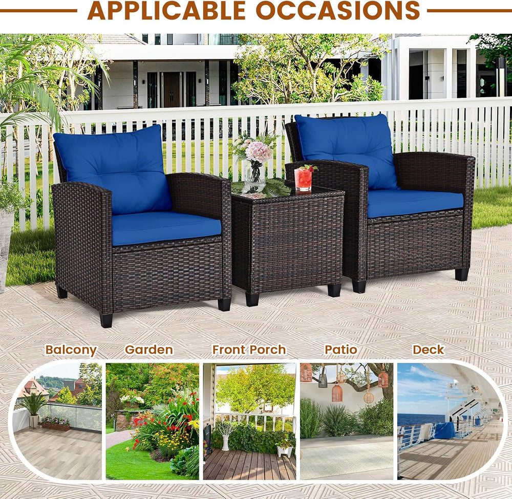 ORALNER 3 Pieces Patio Furniture Set, Outdoor Wicker Bistro Set (Navy)