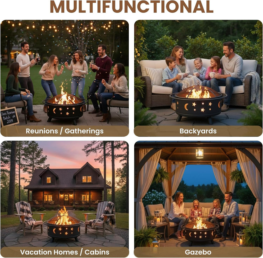 Fire Pit - 32-Inch Outdoor Wood Burning Firepit with Screen, Poker, and Cover...