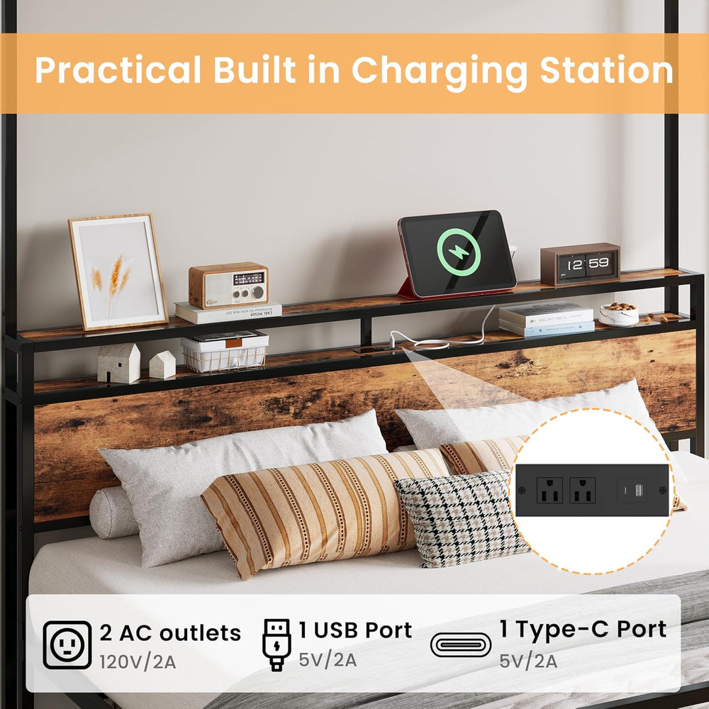 LIKIMIO Canopy Bed Frame King with Storage Headboard & Charging Station, ...