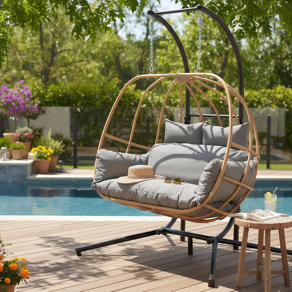 Double Egg Chair with Stand, Oversized Egg Chair Outdoor, 2-Person Hanging Eg...